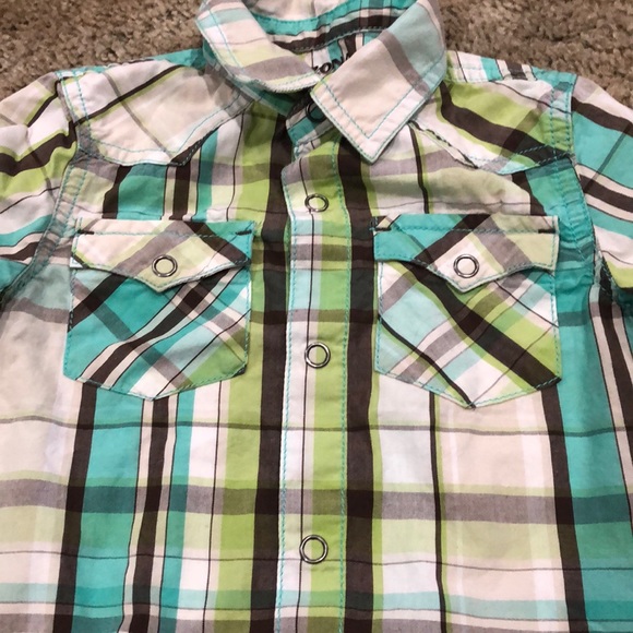 Green, blue, brown and plaid button down shirt 24M - Picture 3 of 3